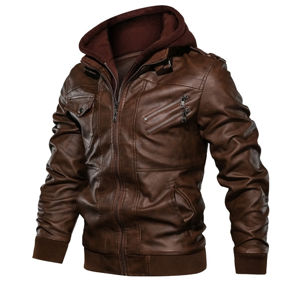 Herren Jacke | Stylische Jacke aus synthetischem Leder mit abnehmbarer Kapuze und Taschen