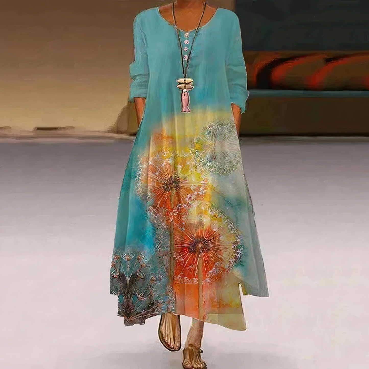 Trisha | Sommerliches Leinen-Maxikleid mit floralen Details & Rundhalsausschnitt – Luftig, Elegant & Bequem