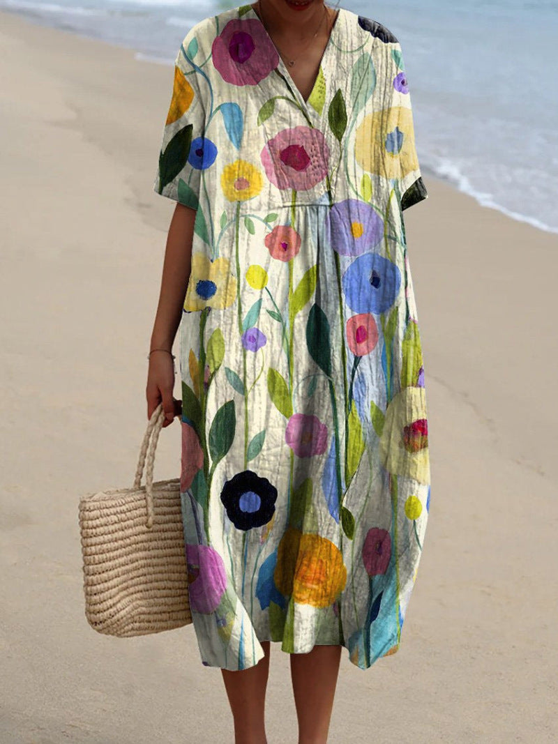 Cassandra | Sommerkleid mit V-Ausschnitt und farbenfrohem Blumenmuster | Luftig, Bequem & Feminin