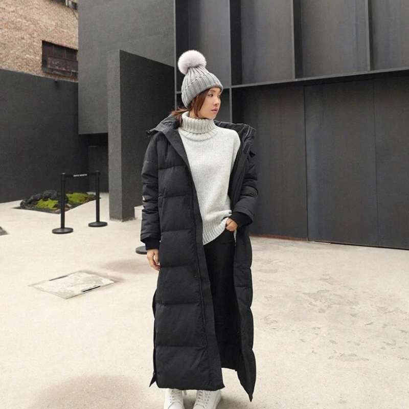 Damirisse | Damen Winterjacke Lang Gepolstert mit Kapuze & Reißverschluss | Warmer Wintermantel mit Seitenschlitz & Druckknöpfen