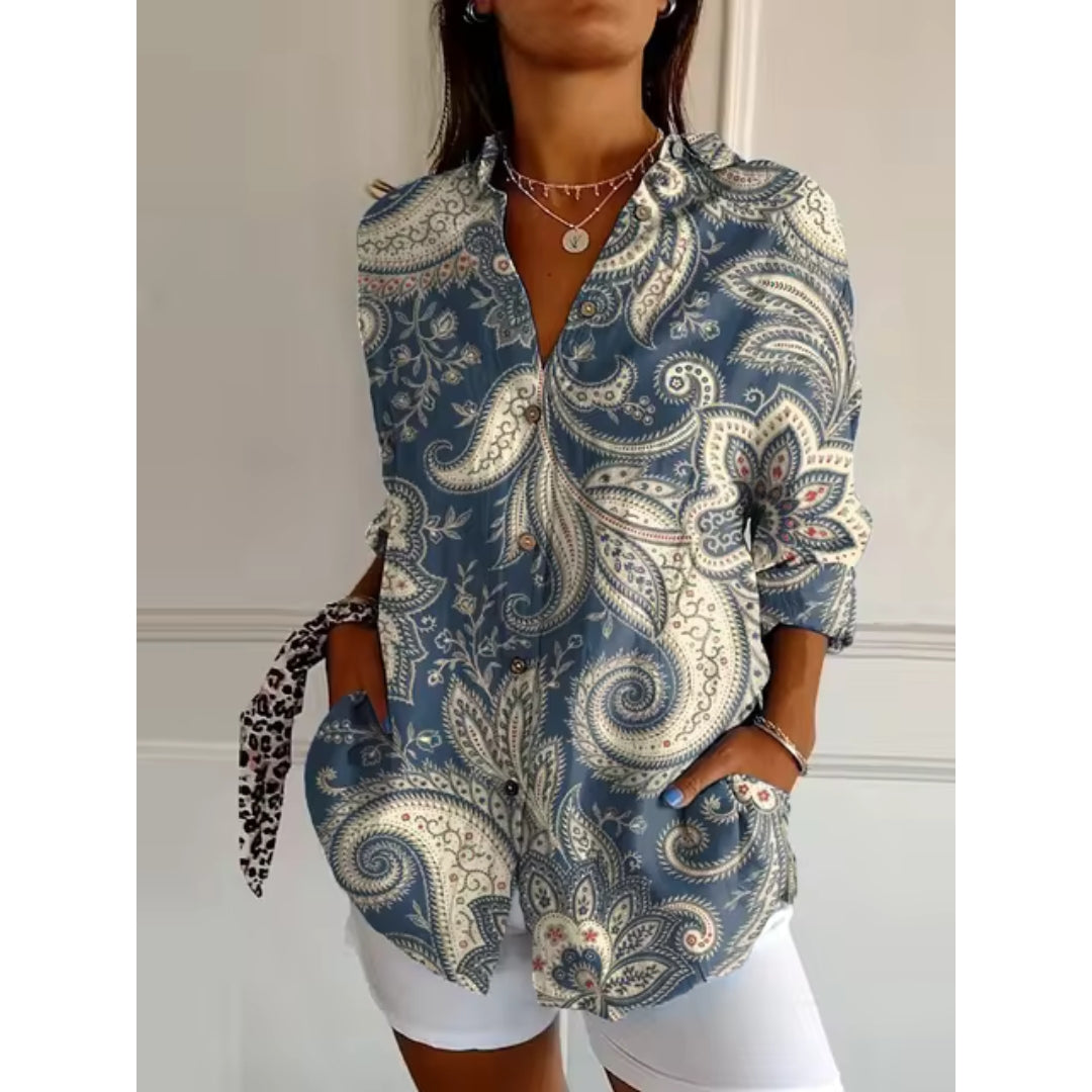 Velina | Blumenbluse für Damen mit Knopfleiste und langen Ärmeln – Luftig, Elegant & Ideal für warme Tage