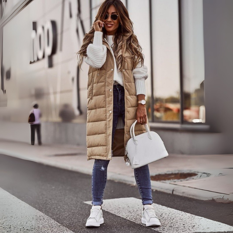 Harmelle | Damen Lange Kapuzenweste | Gepolstertes Winter-Steppdesign für kalte Tage