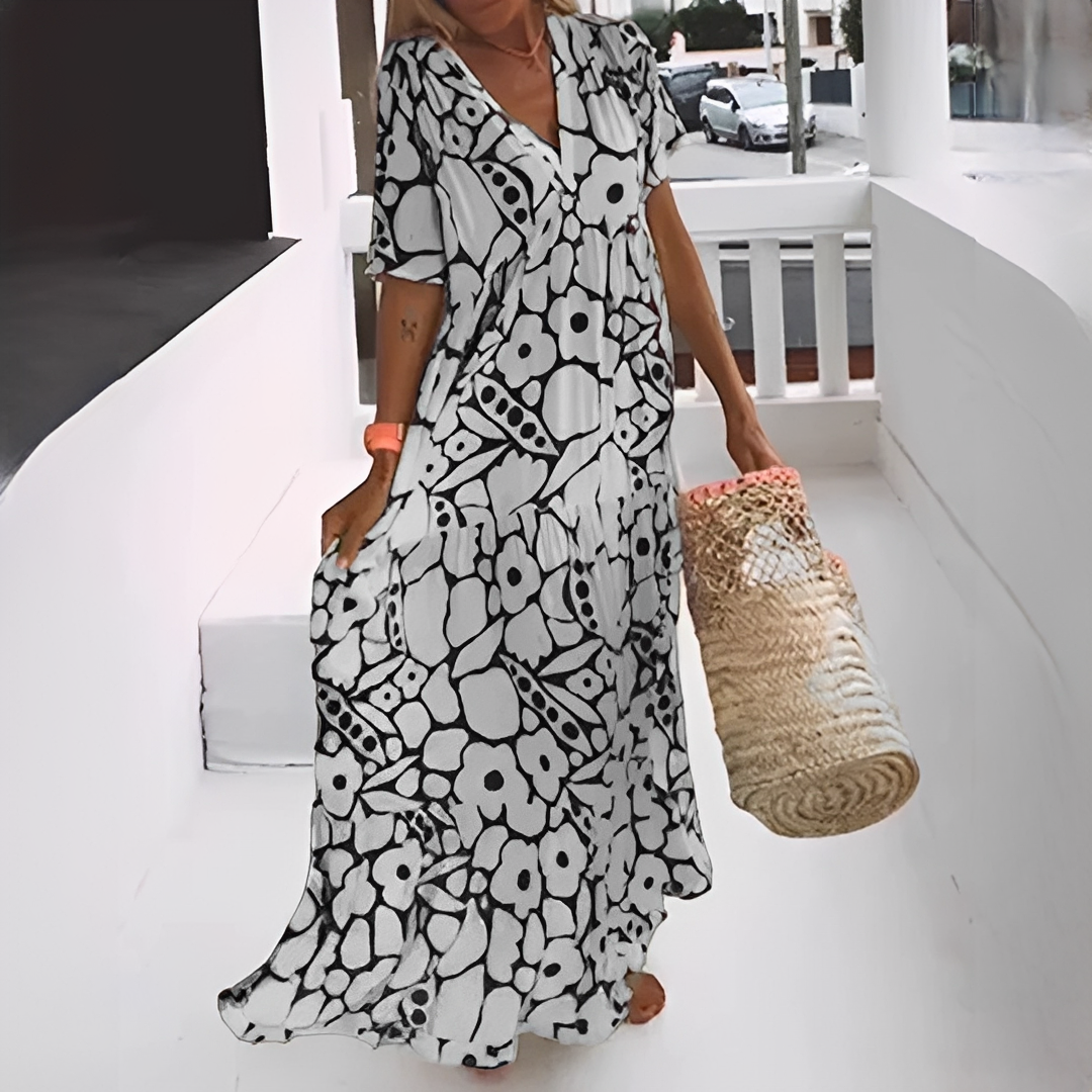 Damen Sommerkleid mit V-Ausschnitt und Allover-Muster – Leichtes Freizeitkleid für Alltag und Urlaub