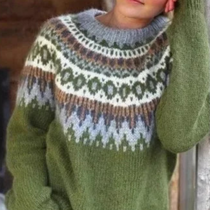 Aubryna | Damen Grobstrickpullover mit Norweger- und Tribal-Muster