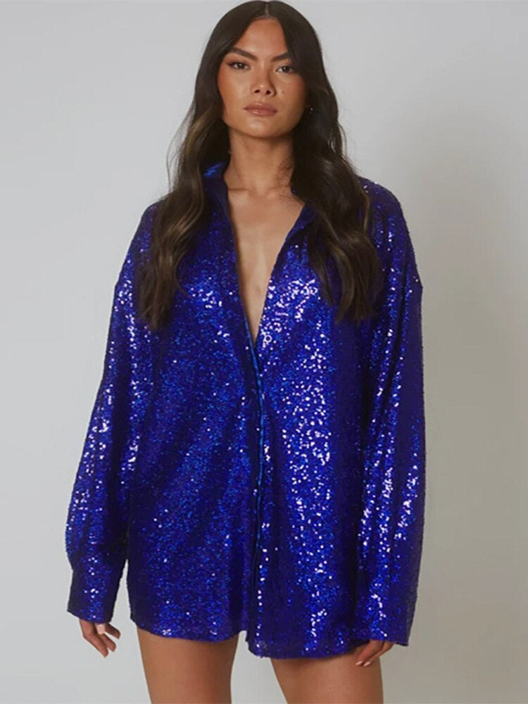 Ainslinn | Damen Oversized Hemdkleid mit Glitzer – Langarm Kleid im lässigen, funkelnden Look