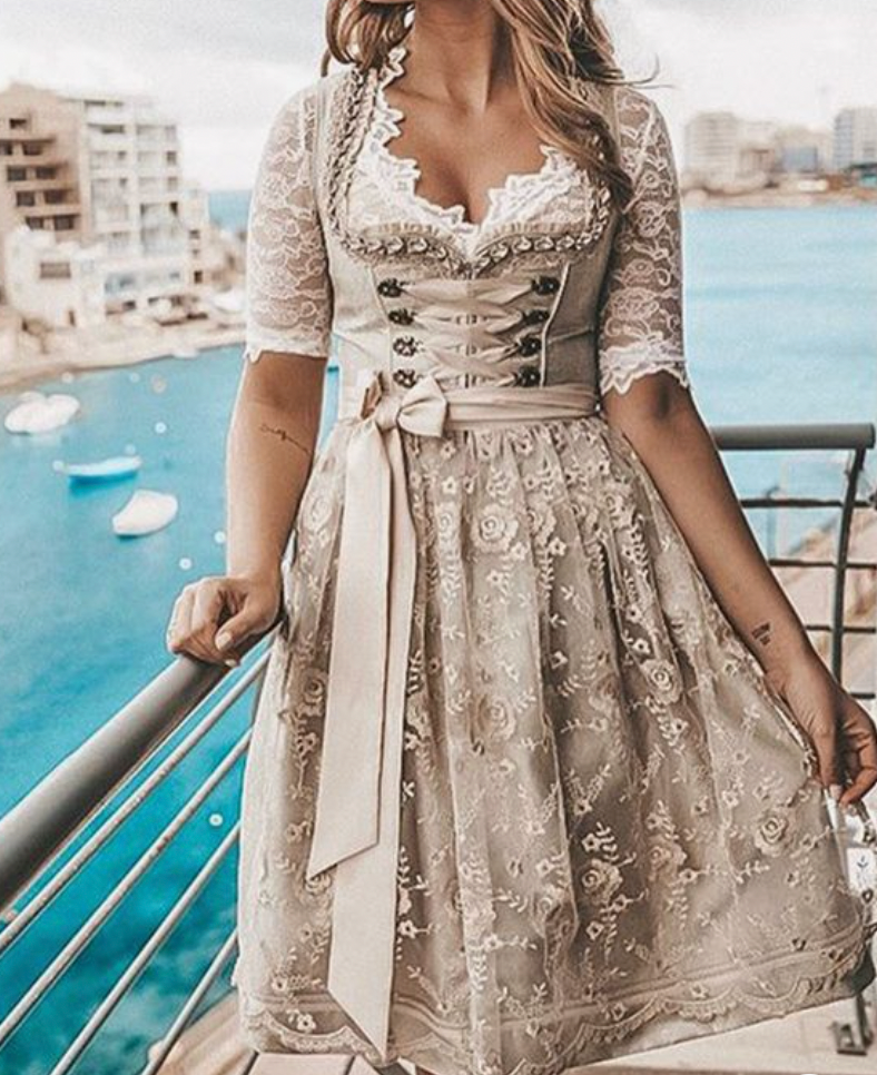 Dirndlkleid Damen | Traditionelles Deutsches Dirndl mit Schnürmieder & Spitzenbluse