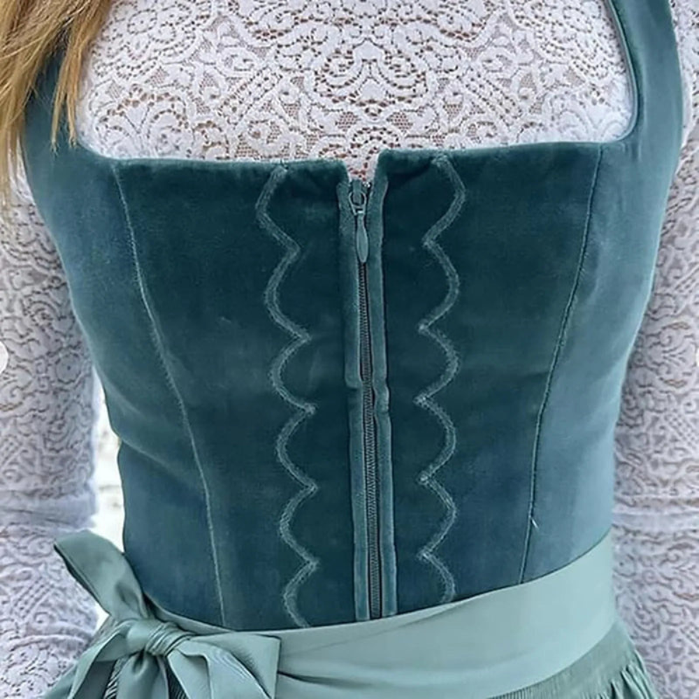 Annelisse | Damen Dirndl Kleid Midi mit Stickereien & Quadratischem Ausschnitt