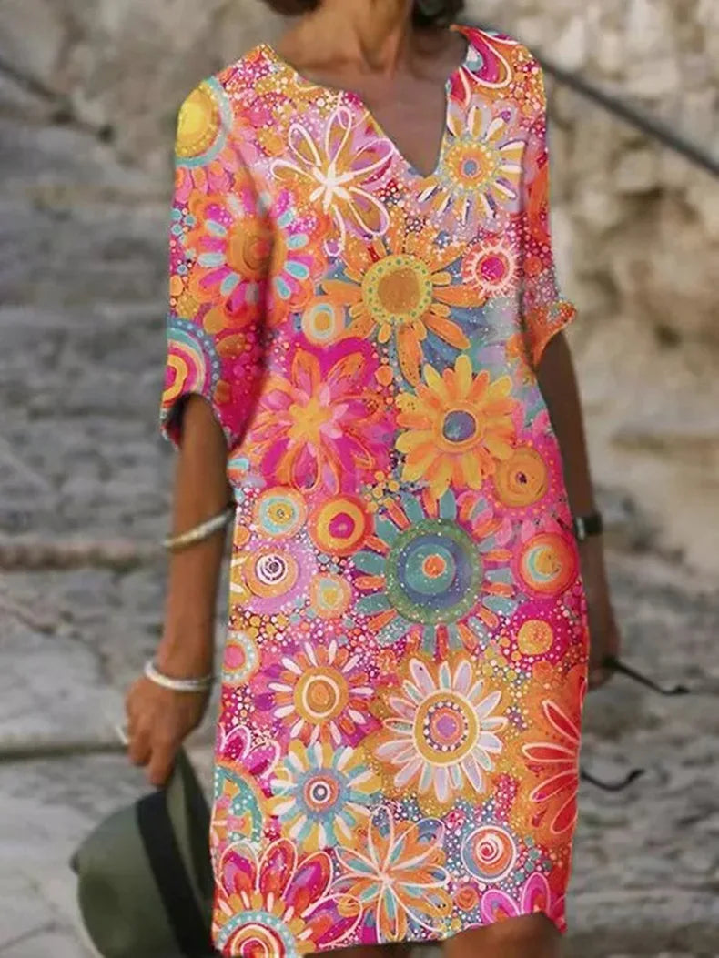 Pauline | V‑Ausschnitt Sommerkleid mit Sonnenblumen‑Print – Bequemer Schnitt & Luftiger Alltags‑Look