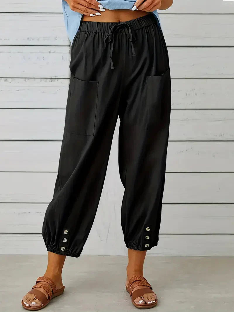 Ashbel | Damen Freizeit-Hose mit elastischem Bund, Kordelzug und Taschen – Bequeme Uni-Farben Sommerhose