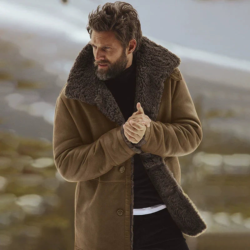 Mathieu | Herren Mantel mit Shearling-Kragen, Fleece gefüttert, Knopfleiste, Relaxed Fit, Mid-Length