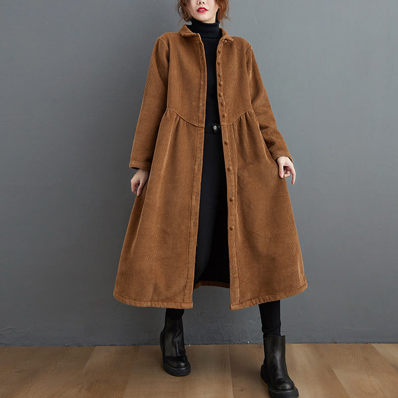 Lorélai | Damen Corduroy Mantel in A-Linie mit hohem Kragen & Knopfverschluss, Midi-Länge