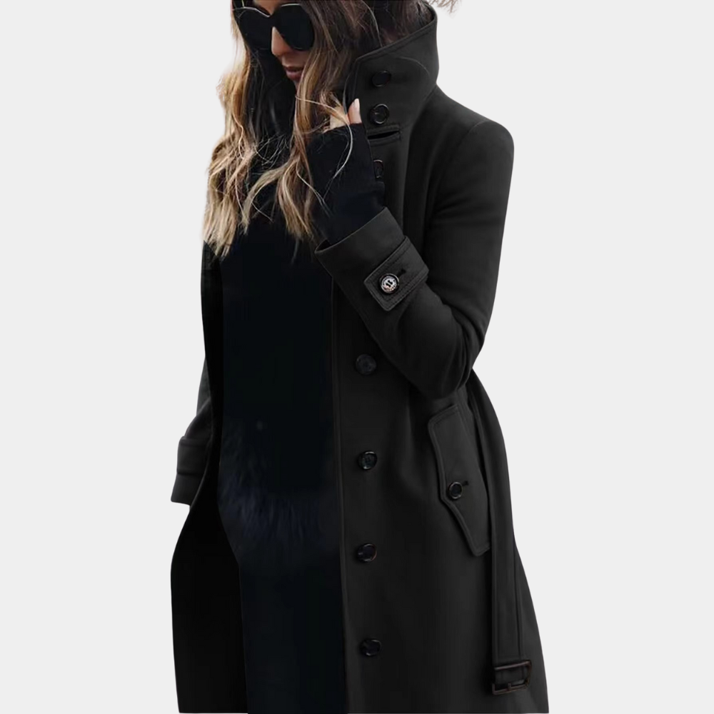 Caprielle | Langer Damen-Trenchcoat mit hohem Kragen, Gürtel und zeitlosem Design