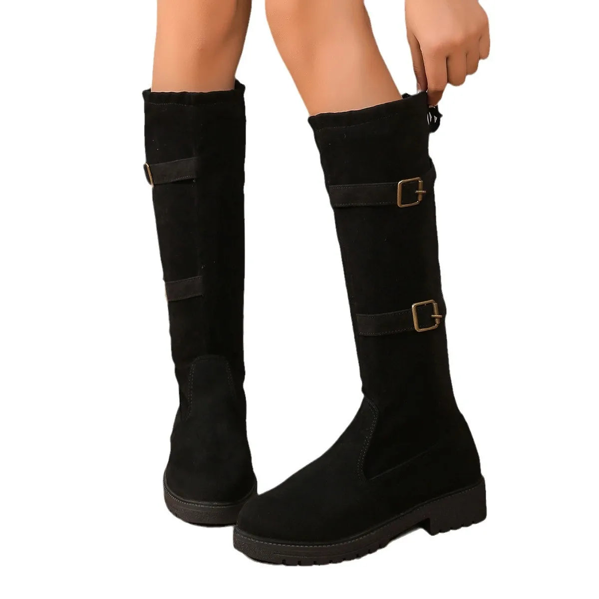 Thalassa | Damen Knee High Boots in Schwarz mit niedrigem Absatz & klassischer Silhouette