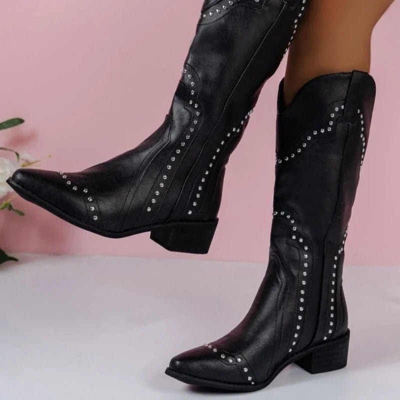 Jinky | Klassische Cowboystiefel für Damen – Bestickt, Robuste Sohle & Blockabsatz