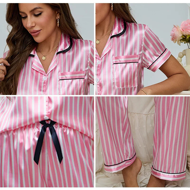Primarose | Damen Pyjama Set Zweiteiler in Rosa mit Gestreiftem Shirt & Hose