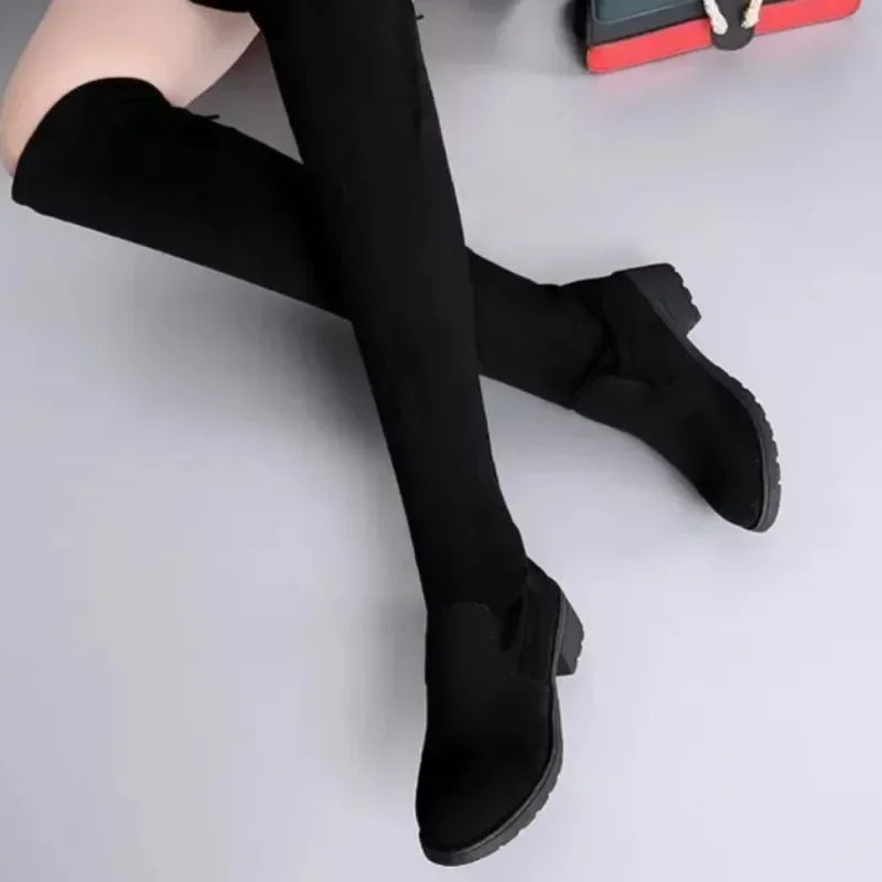 Thessaly | Damen Overknee Stiefel in Schwarz mit Schnürung & hohem Blockabsatz