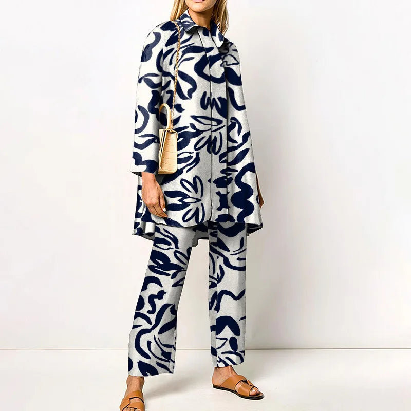 Damen Zweiteiler | Lockeres Set aus Bluse und Hose mit Vintage-Print