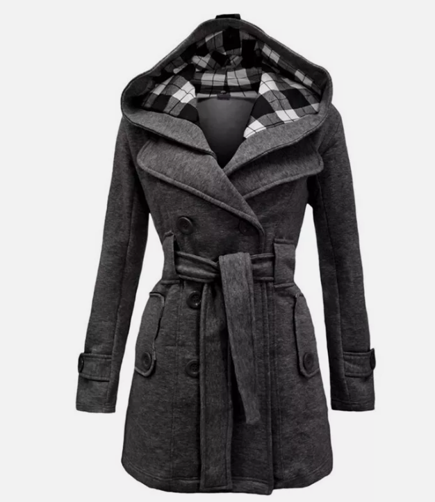 Odilisse | Damen Trenchcoat mit Kapuze & Gürtel – Zweireihiger Übergangsmantel mit Reverskragen für Stilvolle Outfits