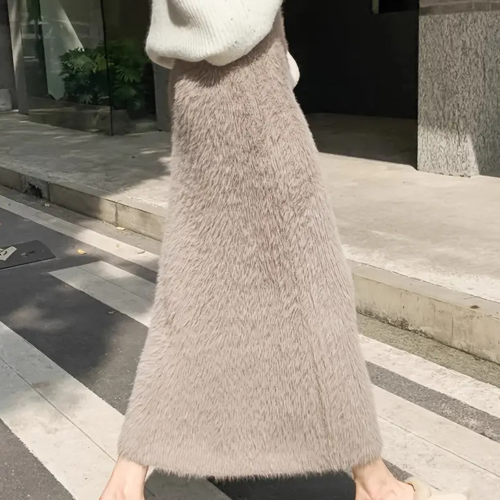 Willoween | Damen Teddy Plüsch Maxirock in Khaki mit Hoher Taille & Weichem Futter