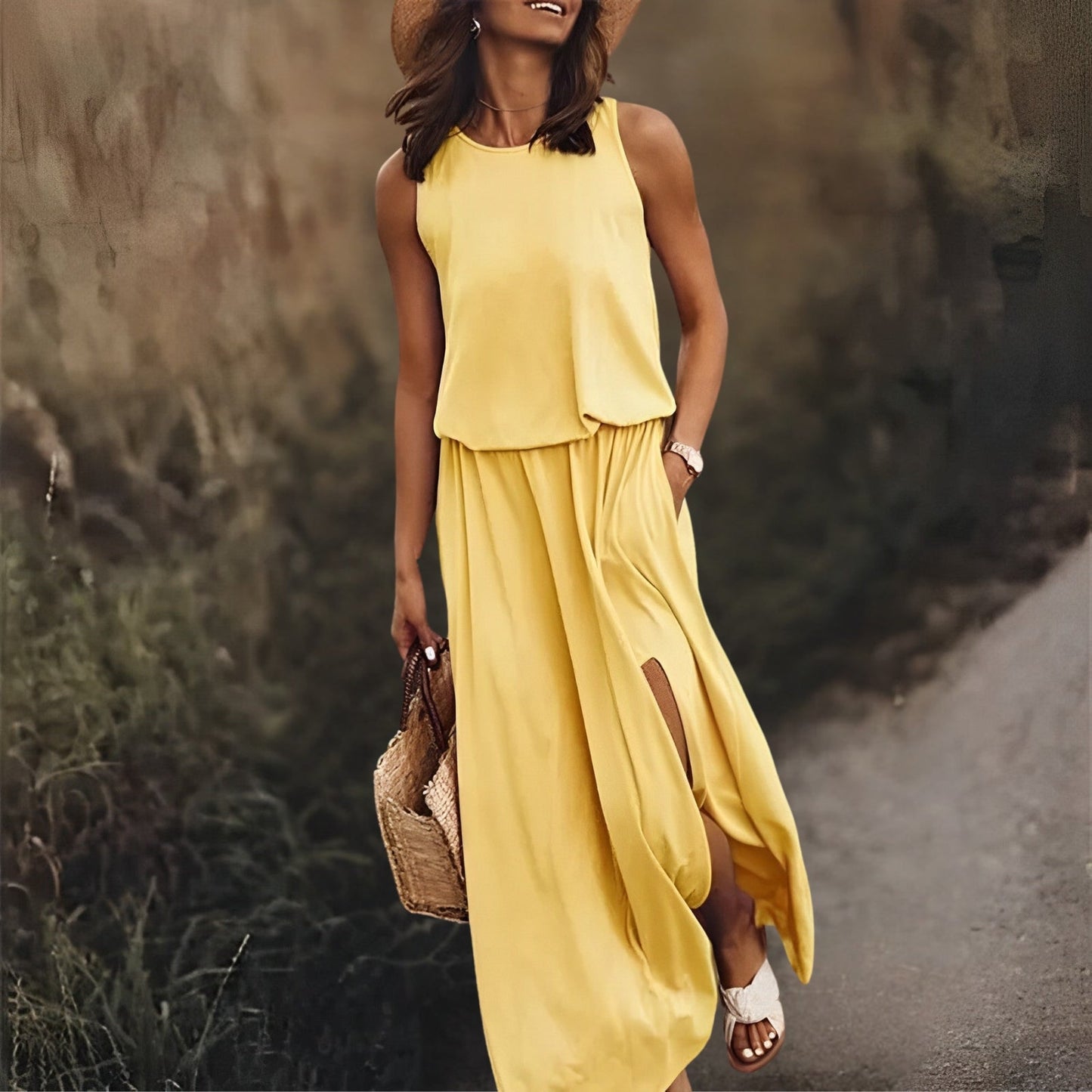 Raquel | Damen Ärmelloses Maxikleid mit Rundhalsausschnitt & Beinschlitz – Sommerlich, Elegant & Bequem