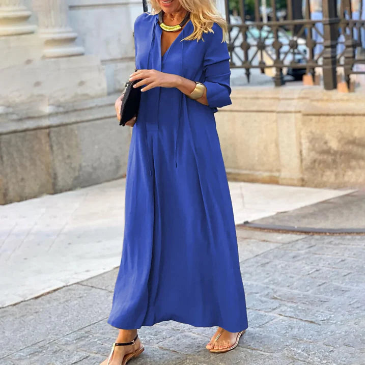 Maricel | Damen Maxikleid – V-Ausschnitt, Langarm & Lockerer Schnitt für Alltag & besondere Anlässe