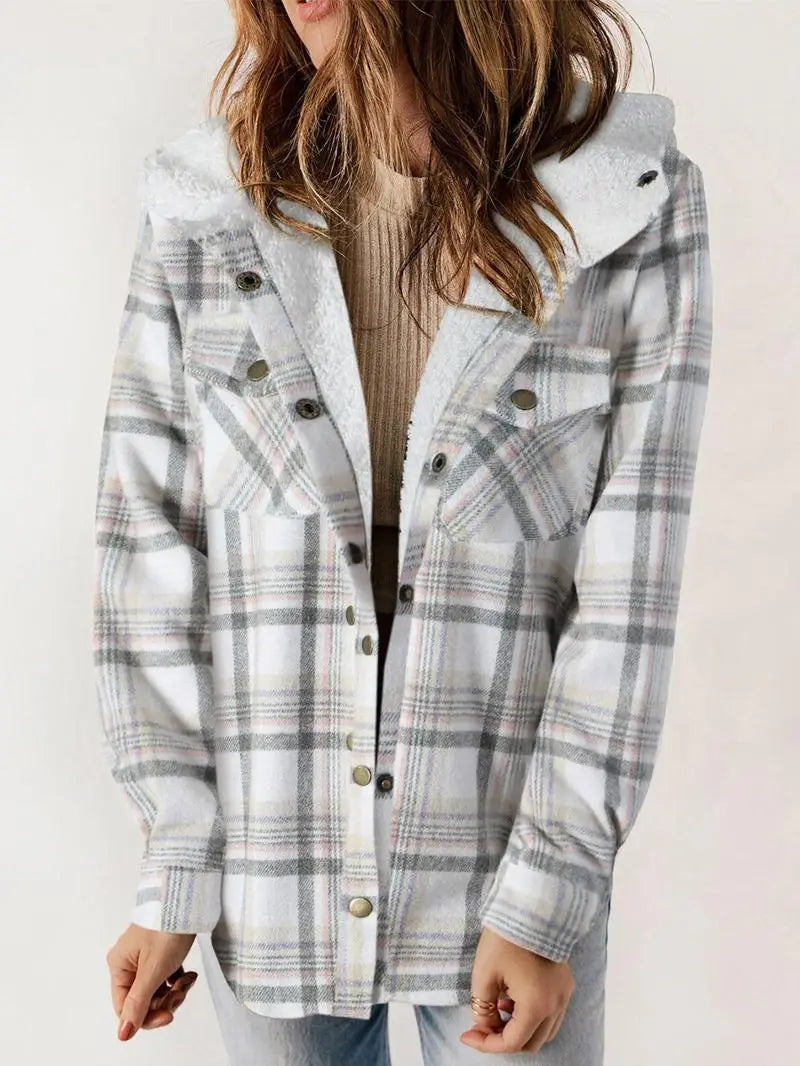 Palwenne | Damen Karierte Fleecejacke mit Kapuze & Druckknöpfen – Weich Gefüttert für Wärme und Stil im Alltag
