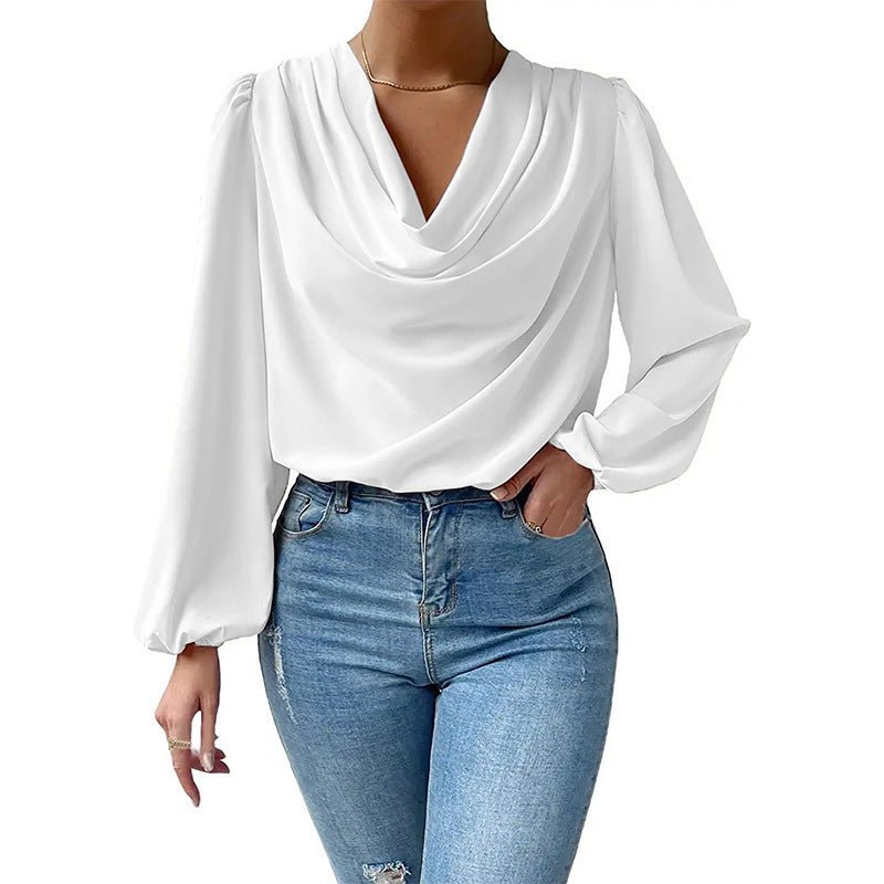 Sharine | Elegante Bluse mit Drapé-Ausschnitt & langen Bischofsärmeln