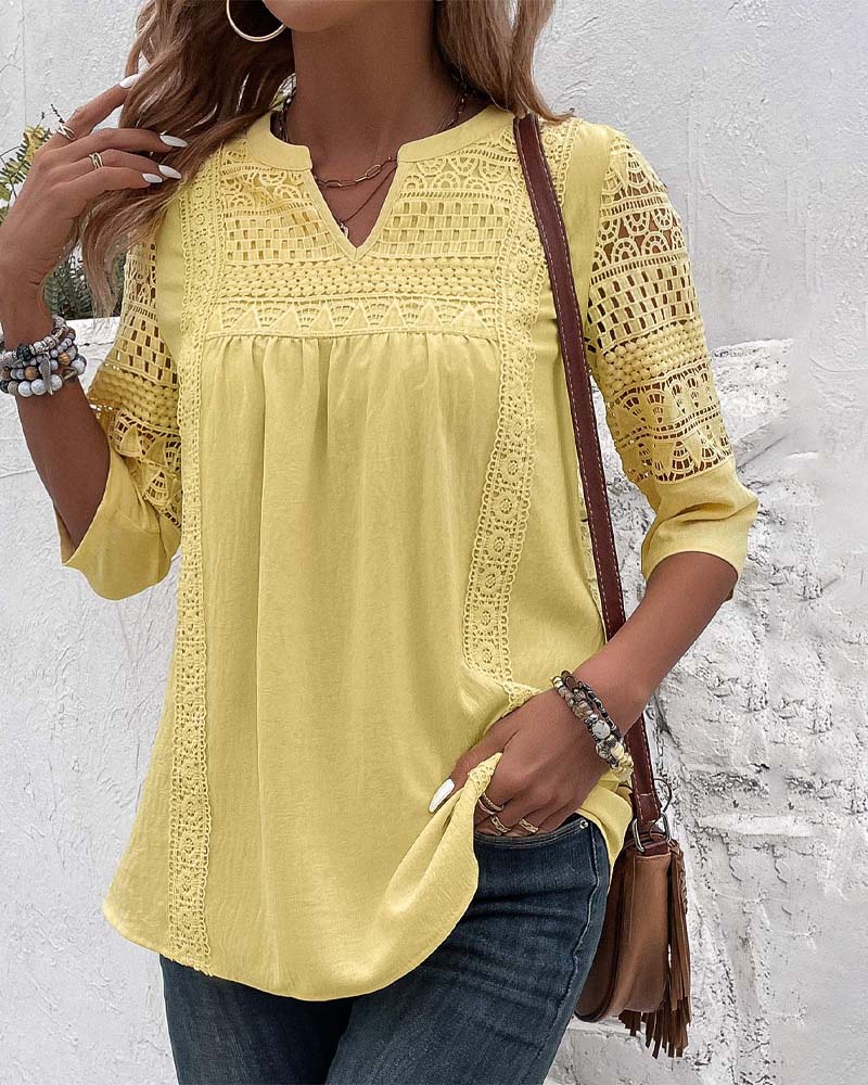 Elegana | Damen Leinenbluse Gelb mit Spitzen-Details und 3/4-Ärmeln für Büro & Freizeit