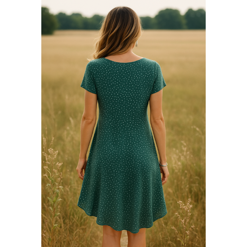 Lennie | Damen Sommerkleid Grün mit Weißen Punkten – Rundhals, Bequem & Luftig für Alltag & Freizeit