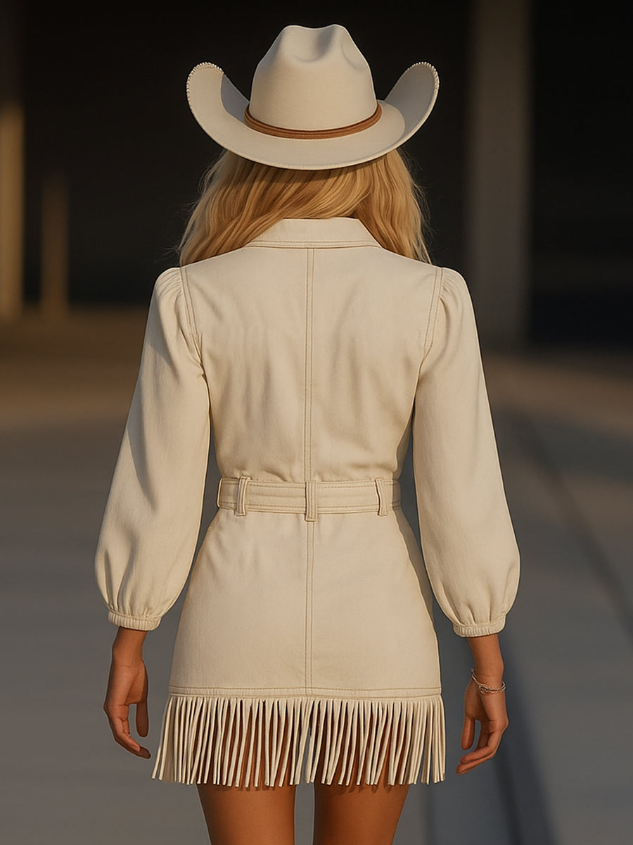 Langarm-Fransen-Kleid mit Gürtel – Stylisch, Komfortabel & Ausdrucksstark