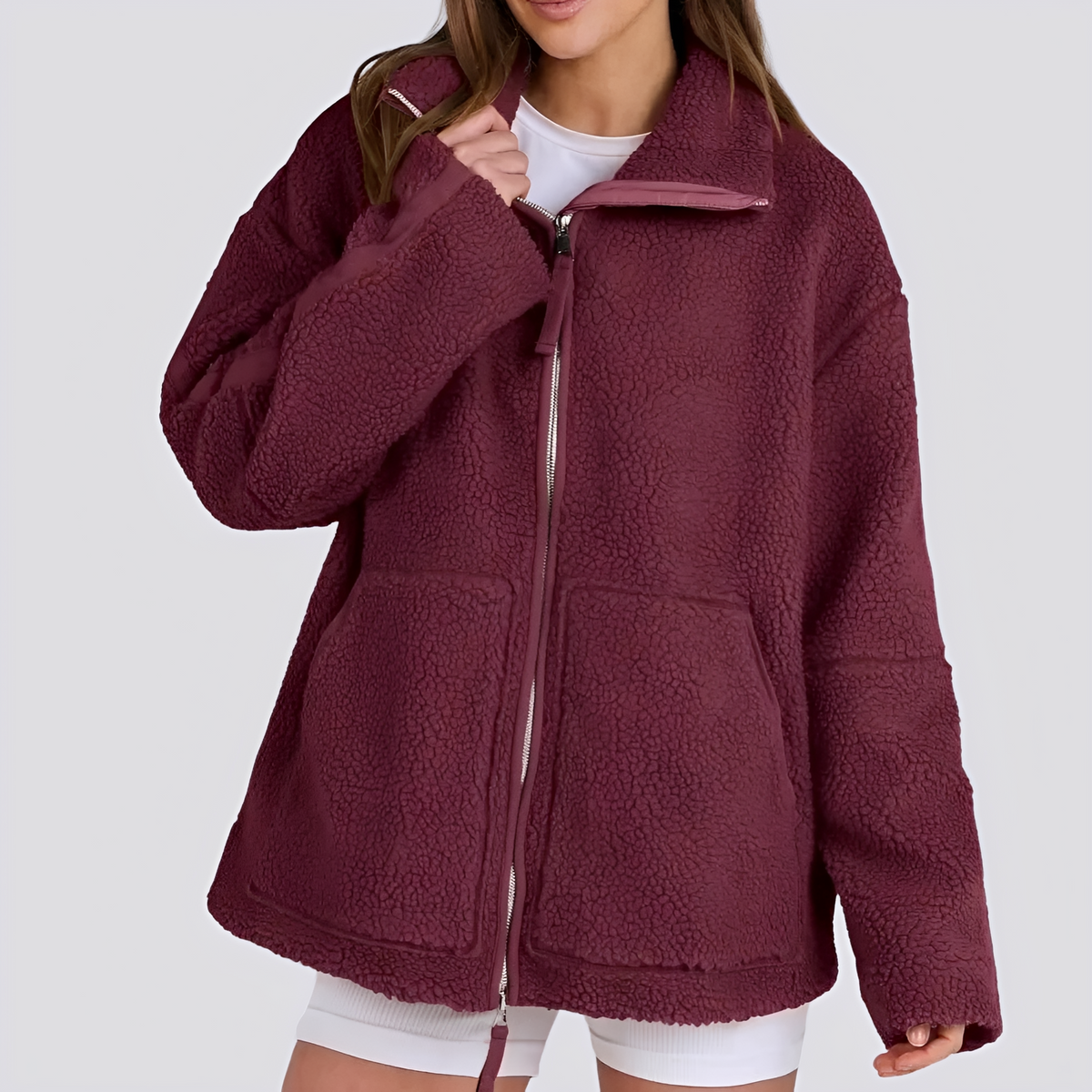 Damen Teddy-Jacke | Oversized mit hohem Kragen und Reißverschluss