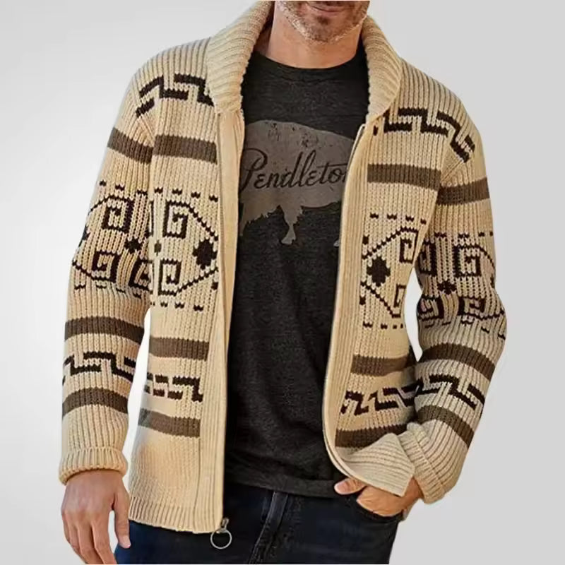 Maynard | Herren Strick-Cardigan mit Tribal Muster, Reißverschluss & Reverskragen