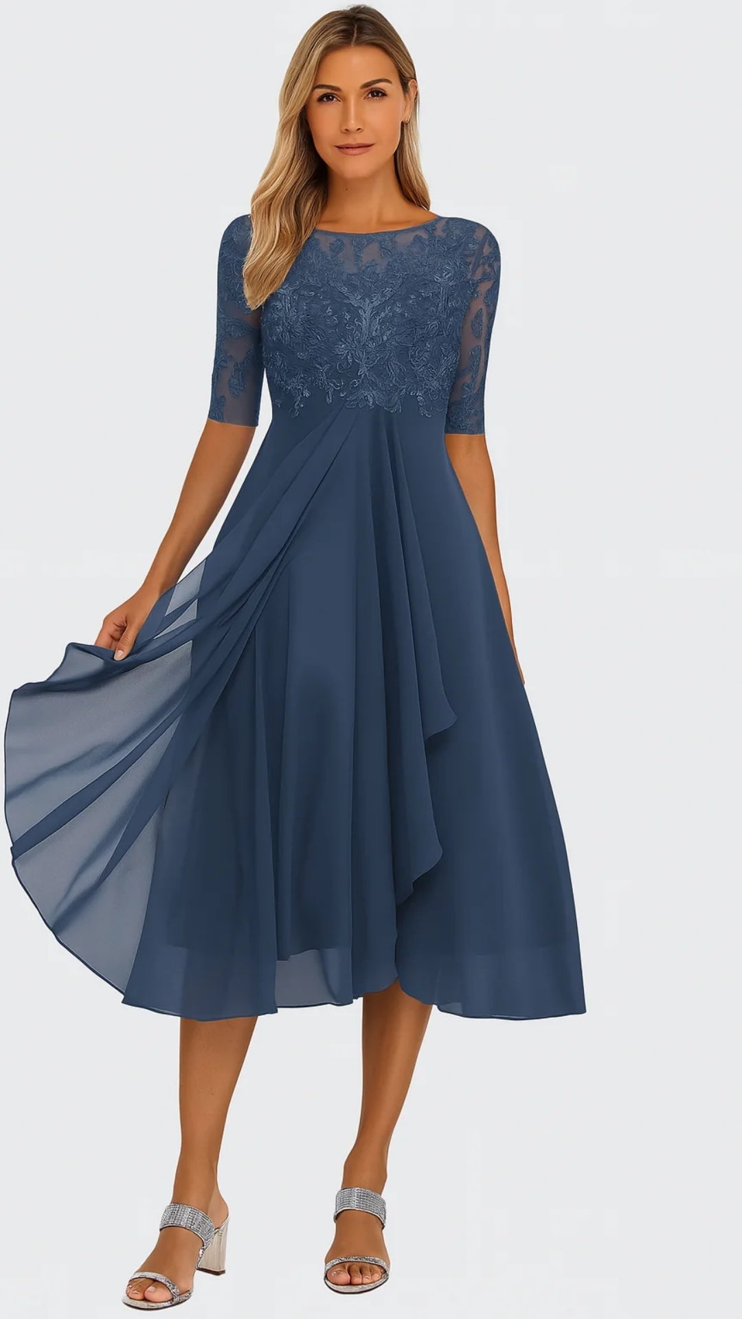 Damen Midi-Kleid mit Spitze und Chiffon – Elegantes Festkleid für besondere Anlässe
