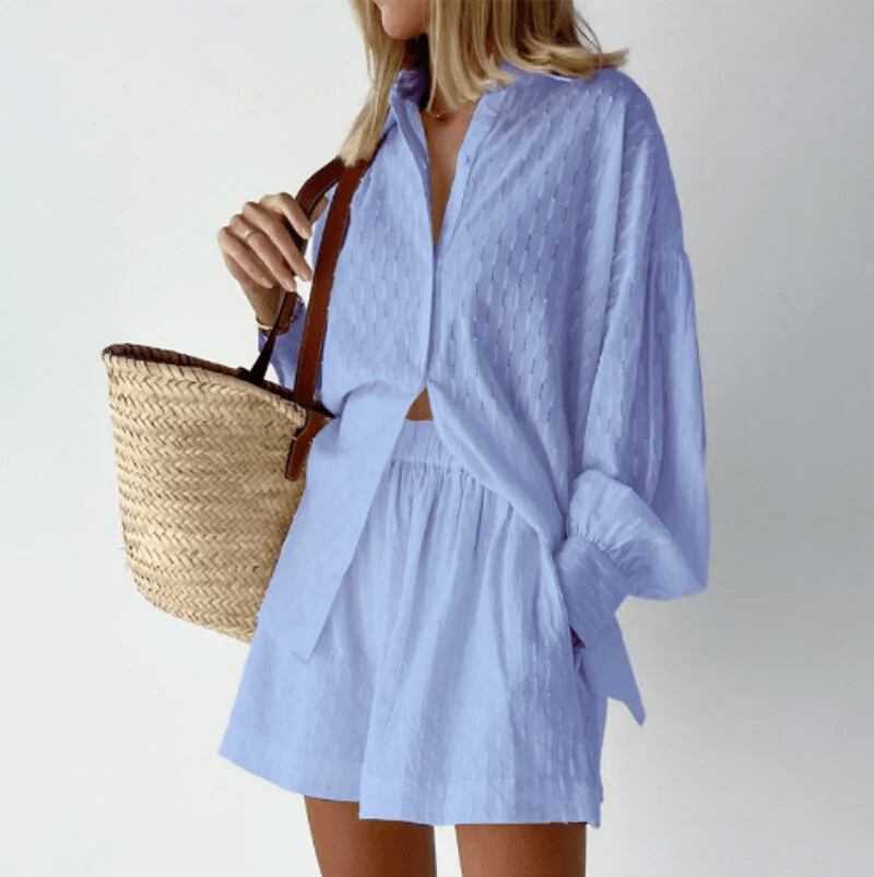 Jessi | Zweiteiliges Sommer-Set für Damen | Strukturierte Bluse mit Bischofsärmeln & High-Waist Shorts im lockeren Schnitt