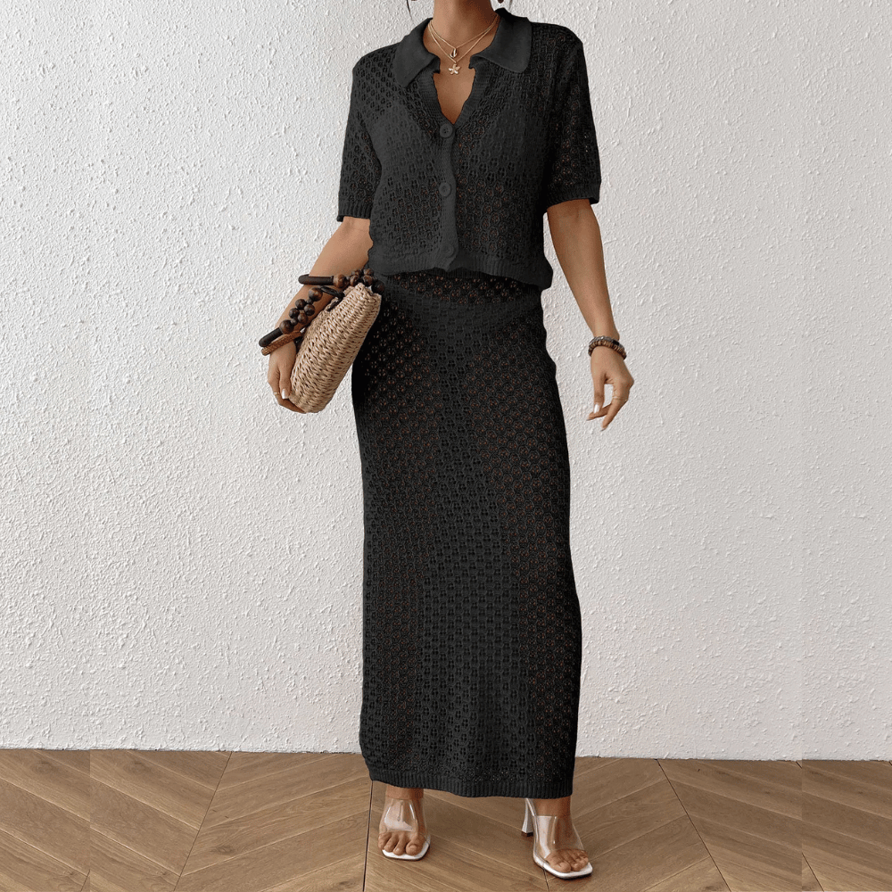 Isla | Häkel-Strand-Outfit mit Bluse & Maxirock – Sommerliches 2-teiliges Damen-Ensemble in Häkeloptik