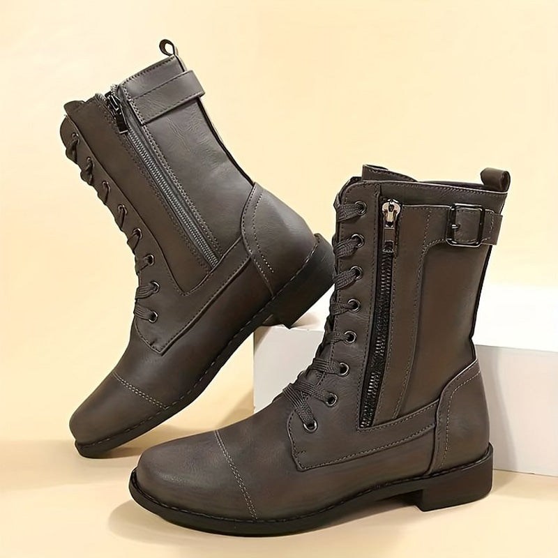 Soraya | Damen Mid-Calf Boots zum Schnüren mit Reißverschluss & Schnallen-Detail