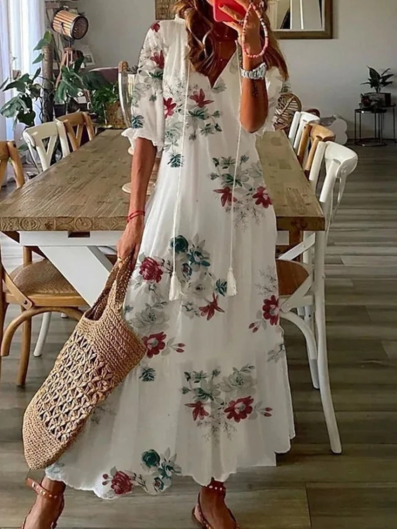 Katrina | Boho Print V‑Ausschnitt Sommer‑Maxikleid – Elegant & Luftig