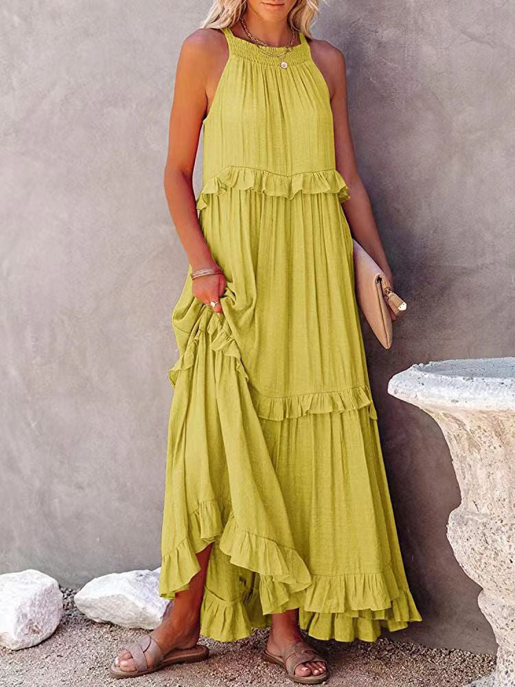 Diana | Damen Maxikleid – Neckholder mit Stufenrüschen, Einfarbig & Elegant