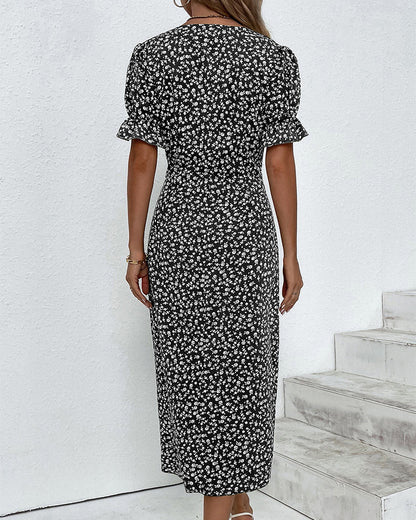 Winnie | Damen Wickelkleid mit Blumenmuster – V-Ausschnitt & Puffärmel, Knielang