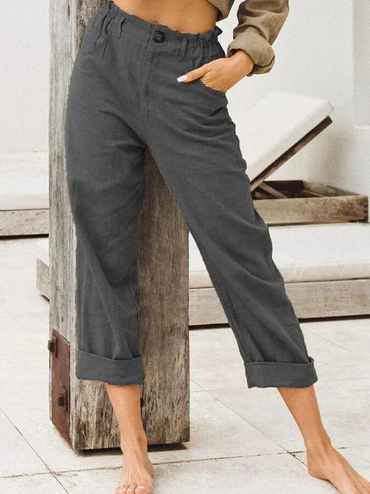 Brechje | Stylische High-Waist Leinenhose Damen mit Aufschlag & Sommer-Look