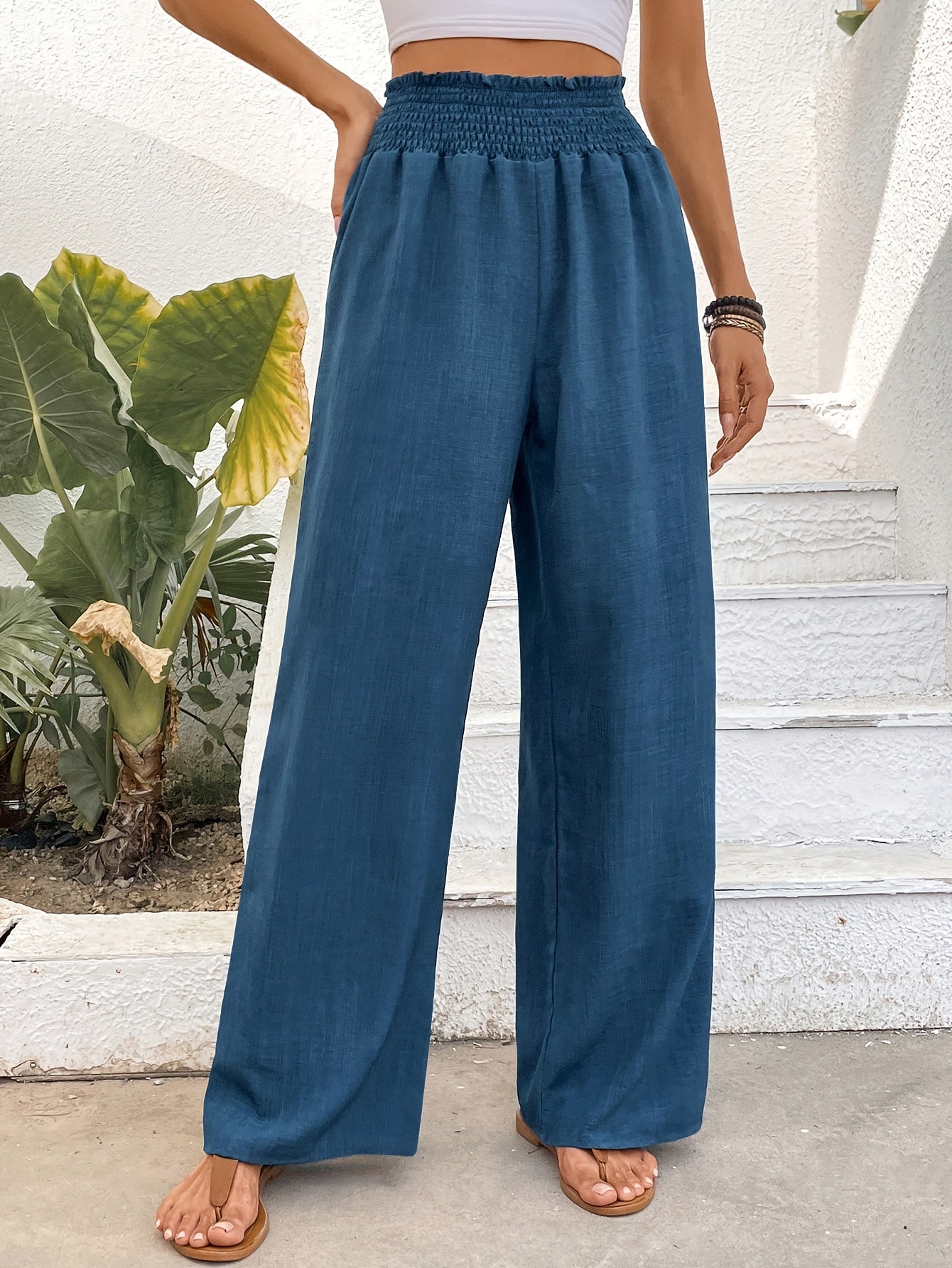 Araminda | Damen Leinenhose mit Hoher Taille, Elastischem Bund und Weitem Bein für Sommer