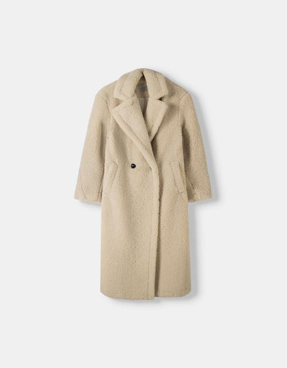 Priscille | Damen Oversized Teddyfell Wintermantel mit Reverskragen & Knopfverschluss