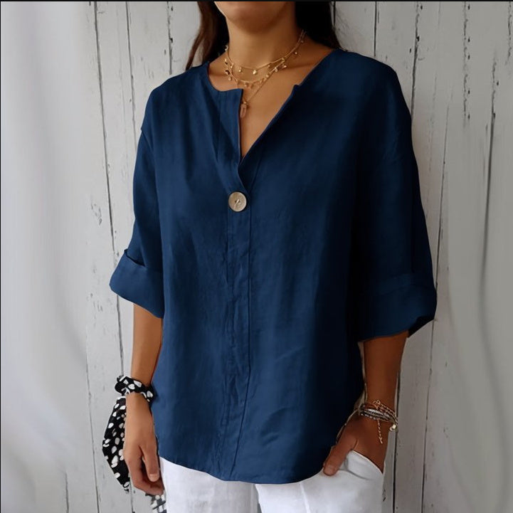 Damen V-Ausschnitt T-Shirt mit Knöpfen – Lockeres Baumwollshirt für Alltag und Freizeit