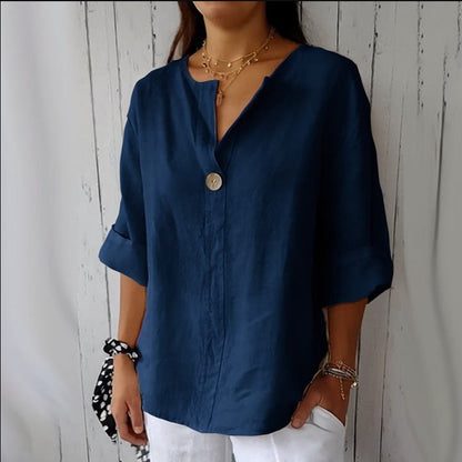 Damen V-Ausschnitt T-Shirt mit Knöpfen – Lockeres Baumwollshirt für Alltag und Freizeit