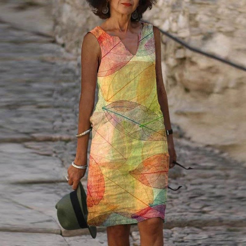 Damen Kleid mit Blätterprint – Elegant, Ärmellos & Herbstlich