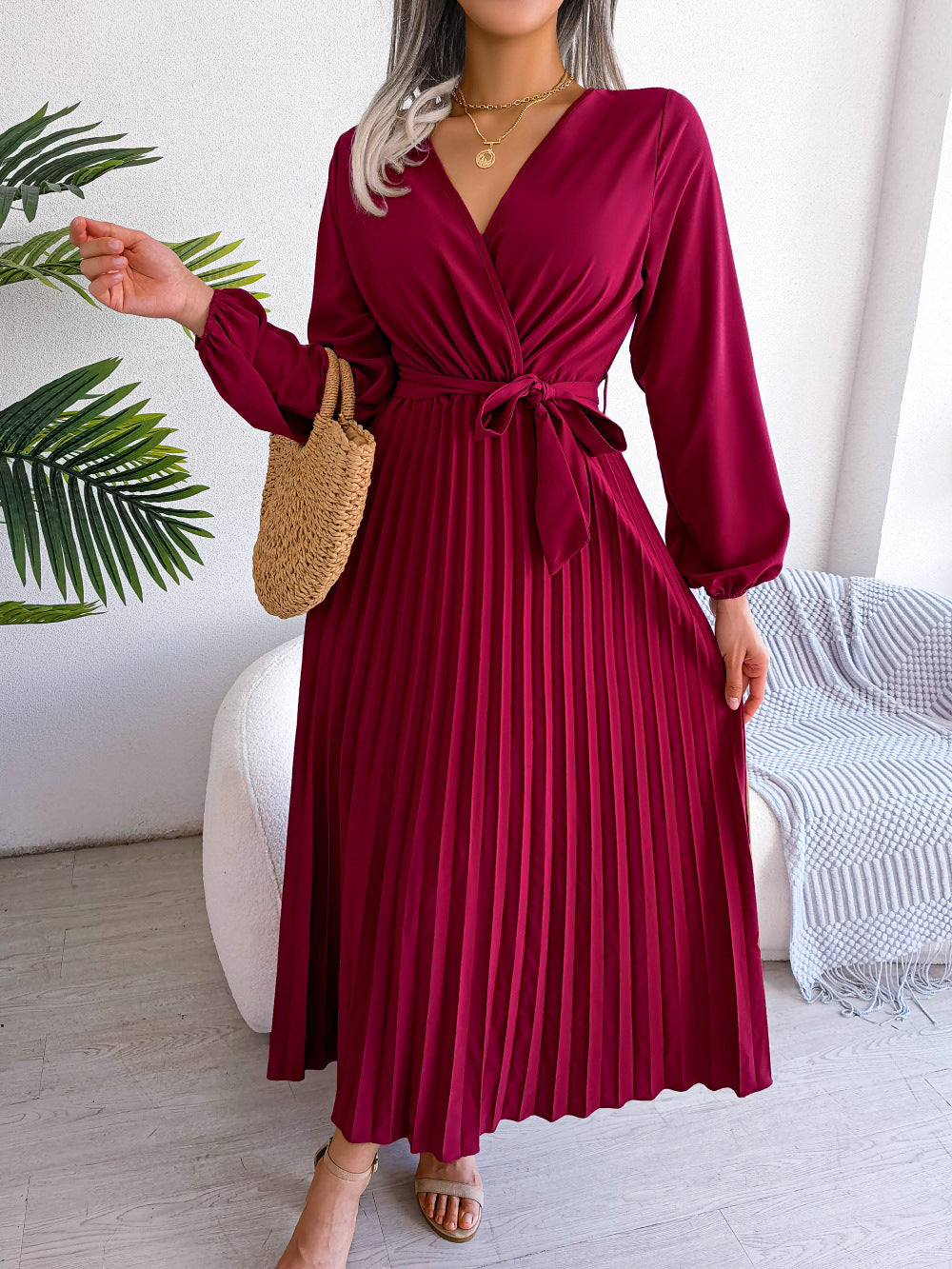Damen Maxikleid – Elegantes Kleid mit Falten & Taillengürtel