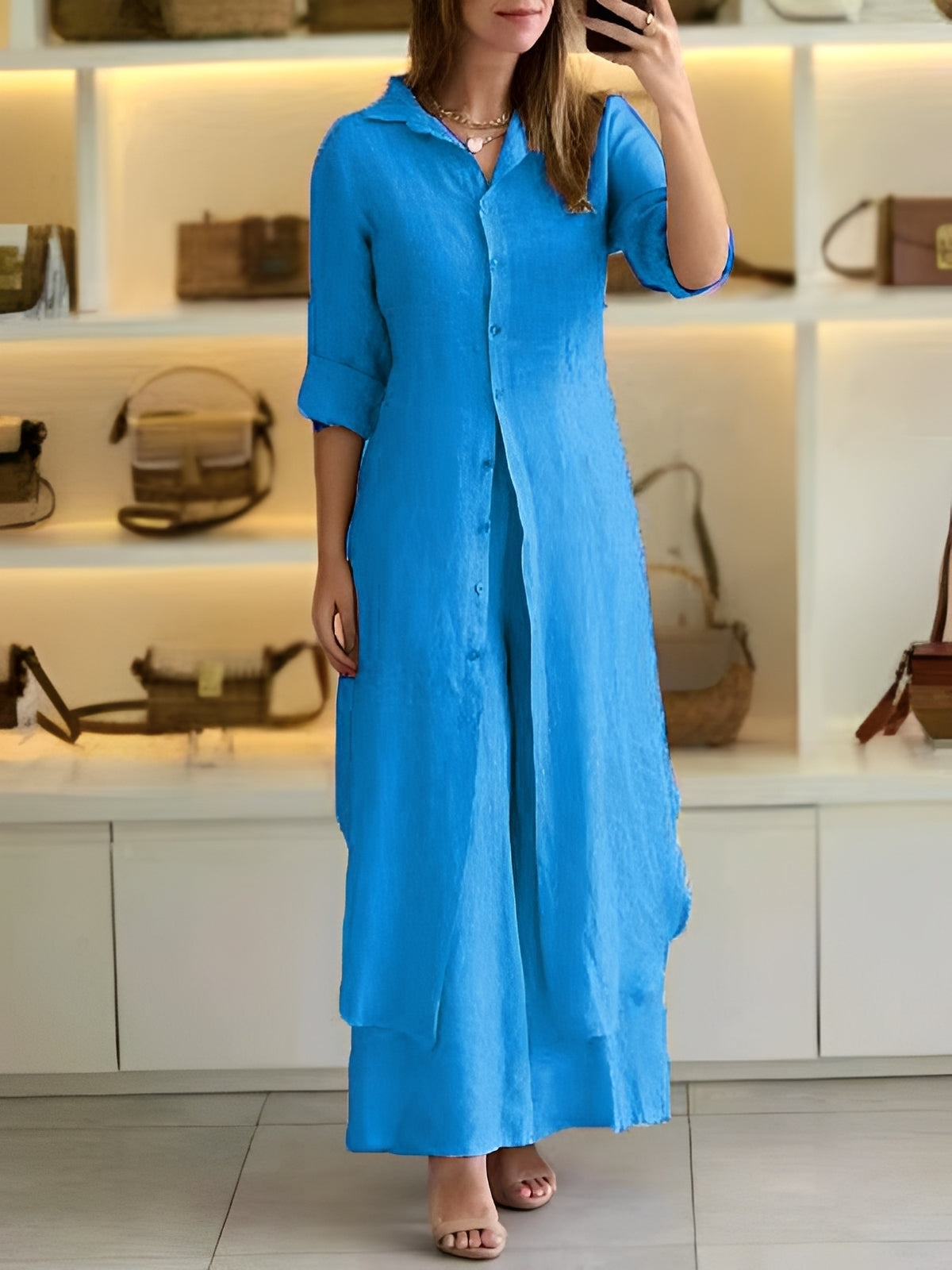 Damen Zweiteiliges Set mit langem Hemd und Hose – Leichtes Freizeitset für Alltag, Urlaub und entspannte Outfits