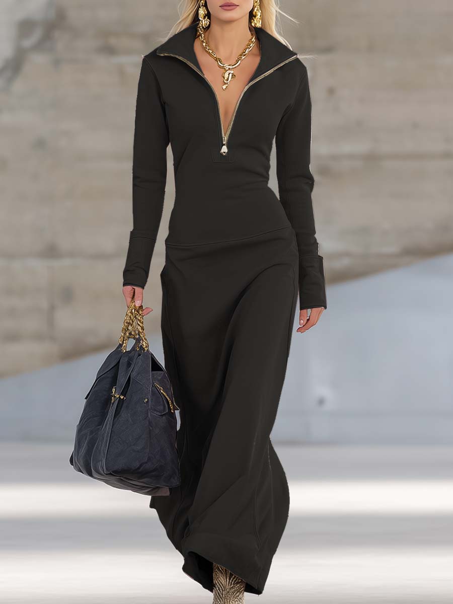 Figurschmeichelndes Zip-Collar Maxikleid für Damen | Elegantes Langkleid mit Reißverschlusskragen