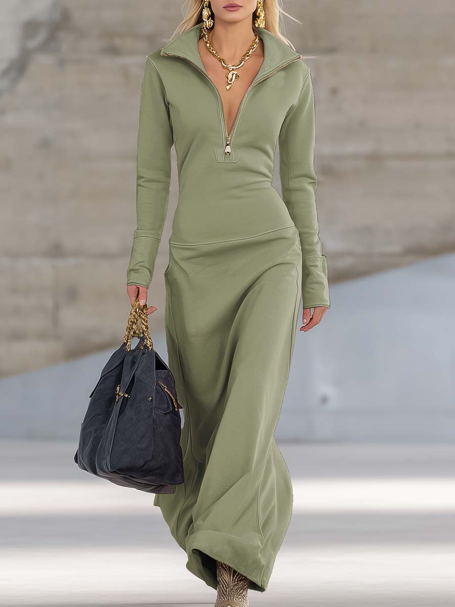 Figurschmeichelndes Zip-Collar Maxikleid für Damen | Elegantes Langkleid mit Reißverschlusskragen