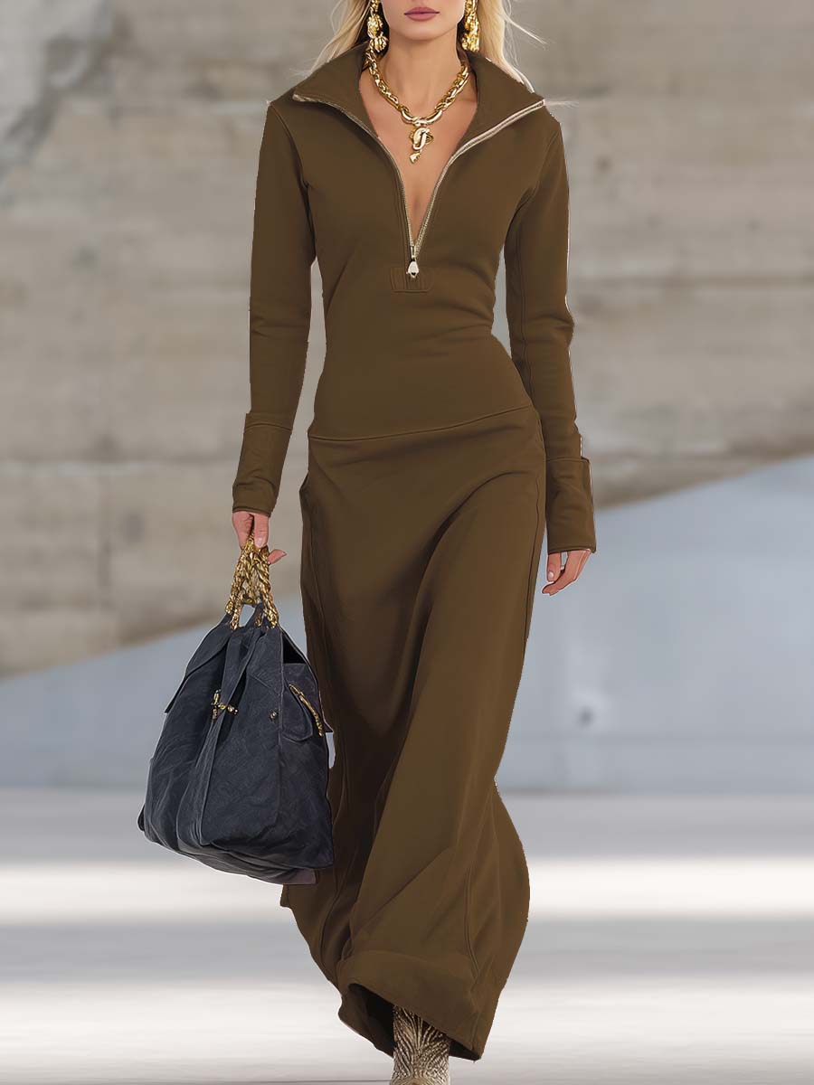 Figurschmeichelndes Zip-Collar Maxikleid für Damen | Elegantes Langkleid mit Reißverschlusskragen